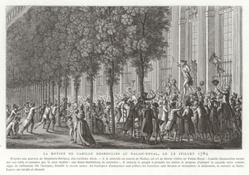 Camille Desmoulins issues his call to arms outside the Palais Royal, Paris, French Revolution, 12 July 1789